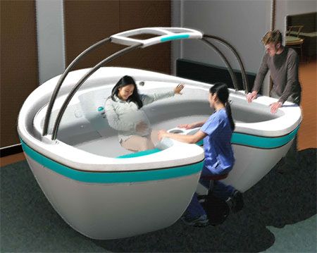 Waterbirth vessel. I don't believe it has actually been created yet, but how amazing does this concept look? Overhead bars, roomy enough for partner to join, adjustable seat, massage jets, gentle lighting system... Super neat! Birthing Tub, Birthing Suite, Birth Pool, Water Birth, Hospital Birth, Delivering A Baby, Birth Center, Hospital Design, Home Birth