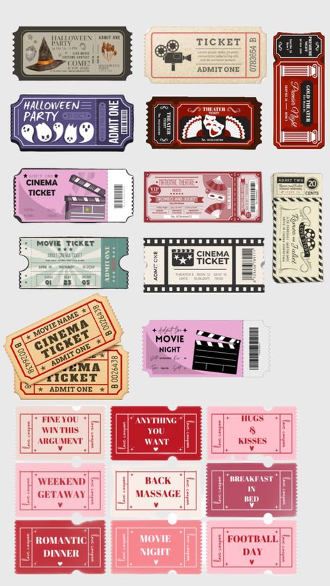 Diy Movie Tickets, Movie Ticket Template, Theatre Party, Movie Ticket, Movie Journal, Party Tickets, Vip Tickets, Sticker Inspo, Theater Tickets