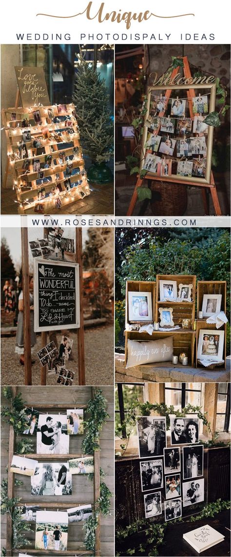 rustic wedding photo display ideas#wedding #weddings #weddingideas #rusticweddings #rar Rustic Picture Display, How To Display Pictures At A Wedding, Weddings Through The Years Display, How To Display Photos At A Party, Childhood Photos Wedding Display, Picture Display For Party, Fun Ways To Display Photos, Displaying Photos At Wedding, Picture Display At Wedding