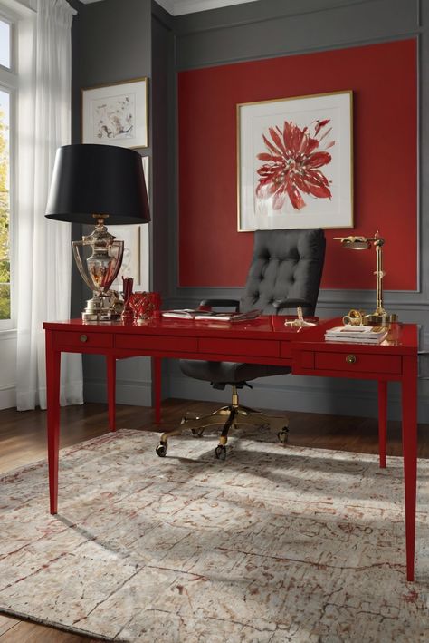 home decor,office redesign,interior design trends,red accents Red And Black Office, Office Color Palette, Green Home Offices, White Office Decor, Statement Walls, Office Vibes, Red Desk, Franklin Homes, Office Idea