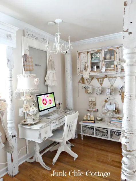 Make it Pretty Monday - Week 100 - The Dedicated House Junk Chic Cottage, Chic Office Space, Muebles Shabby Chic, Shabby Chic Office, Estilo Shabby Chic, Country Chic Cottage, White Desk, Style Shabby Chic, Shabby Chic Bedrooms