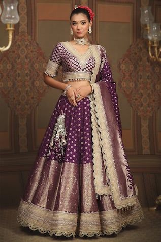 Buy Gold Blouse Net Embellished Mirror V Neck Gota Work Bridal Lehenga Set For Women by Abhinav Mishra Online at Aza Fashions. Anita Dongre Banarasi Lehenga, Bridesmaid Chaniya Choli, Purple Banarasi Lehenga, Banarasi Lehenga Sabyasachi, Lehenga With Border, Banarasi Bridal Lehenga, Banaras Lehenga, Sabyasachi Dresses, Bandhani Lehenga