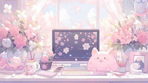 Pink And Green Pc Wallpaper, Background Images For Computer, Pink Pc Wallpaper Desktop Backgrounds, Desk With Flowers, Pretty Wallpapers Backgrounds Aesthetic, Vtuber Room, Strawberry Daifuku, Cute Wallpapers For Computer, Horizontal Wallpaper