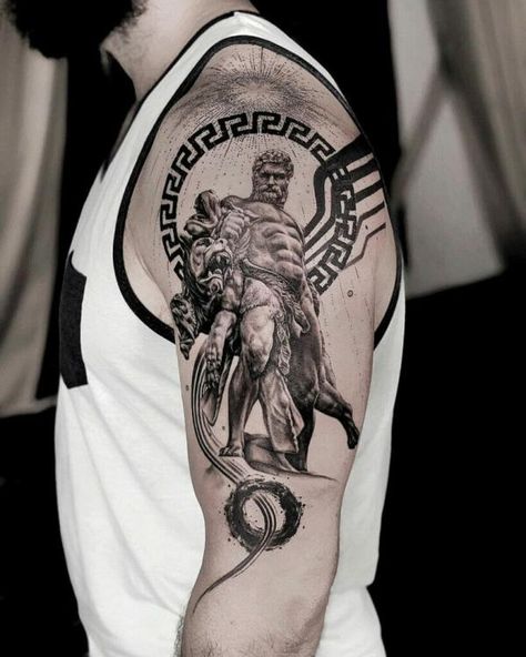 Greek Key ring and hades half sleeve tattoo Hades Tattoo Ideas, Hades Tattoos, Tattoo Ideas Mythology, Greek Tattoo Ideas Mythology, Hades Drawing, Greek Tattoo Ideas, Sublime Tattoo, Zeus And Hades, Hades Tattoo