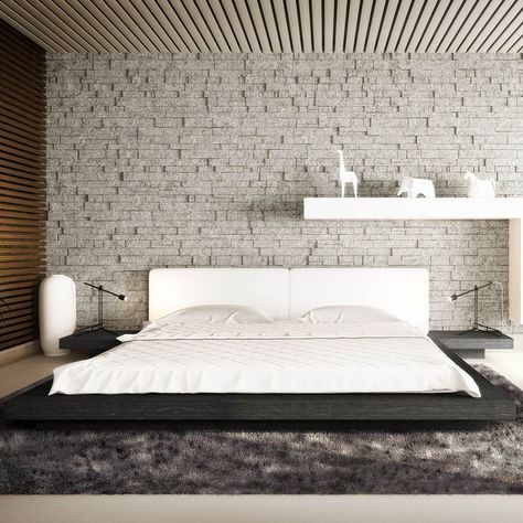 Feng Shui Bed, Japanese Platform Bed, Grey And White Bedding, Low Profile Bed Frame, Oak Headboard, Low Platform Bed, Japanese Bed, Leather Platform Bed, Gorgeous Bed