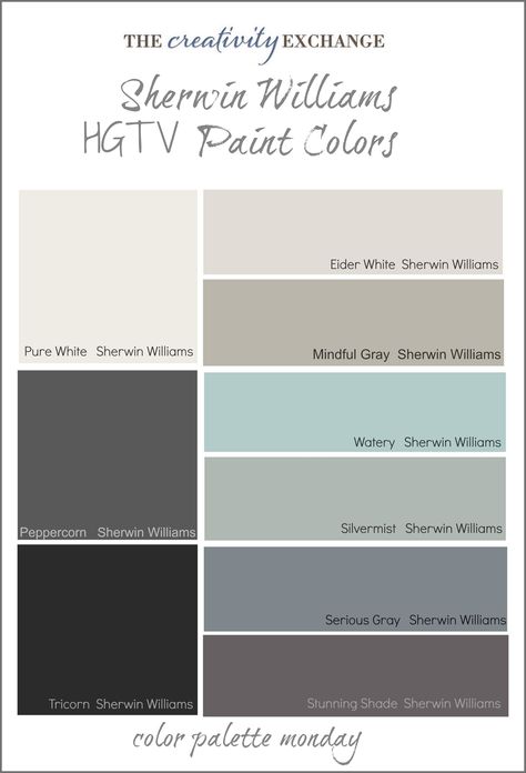 HGTV Paint Colors from Sherwin Williams {Color Palette Monday}- this looks like the colors in my house with different names. Seriously...that's crazy. Bathroom With Dark Trim, Watery Sherwin Williams, Sherwin Williams Silvermist, Hgtv Paint Colors, Paint Doors, Sherwin Williams Color Palette, Shutter Colors, House Flip, Mindful Gray