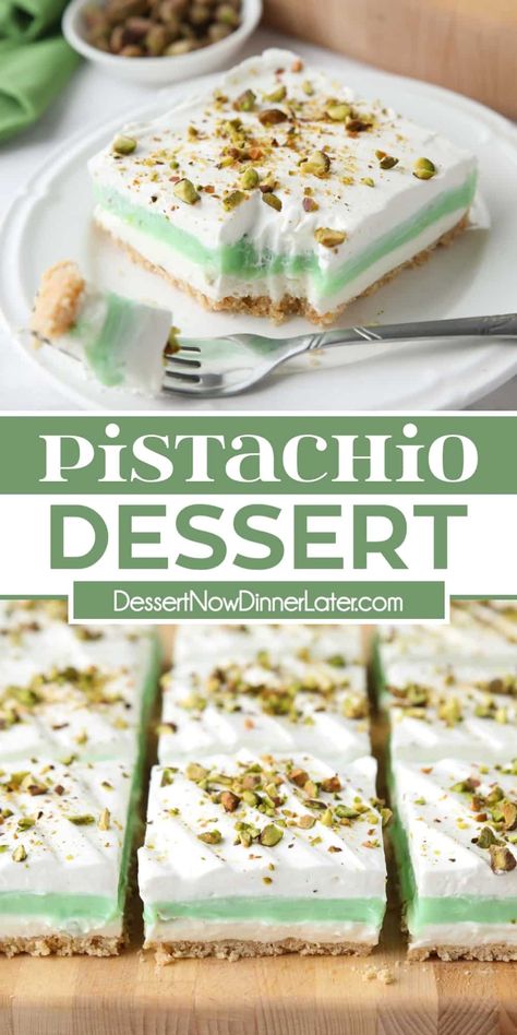 This layered pistachio dessert is easy to make with a shortbread cookie crust, no-bake cheesecake layer, instant pistachio pudding layer, and real whipped cream on top sprinkled with chopped pistachios. (No cool whip in this recipe!) Pistachio Recipes Desserts, Pudding Desserts Layered, Real Whipped Cream, Pistachio Dessert Pudding, Shortbread Cookie Crust, Cool Whip Desserts, Pistachio Dessert, Pecan Desserts, Cheesecake Layer