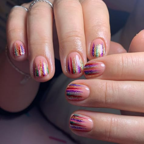 Glitter Stripe Nails, Short Nails Glitter Tips, Colourful Christmas Nails, Abba Nails, Glittery Nail Ideas, Nails Glitter Tips, Short Nails Glitter, Glitter Nails Short, Glittery Nail