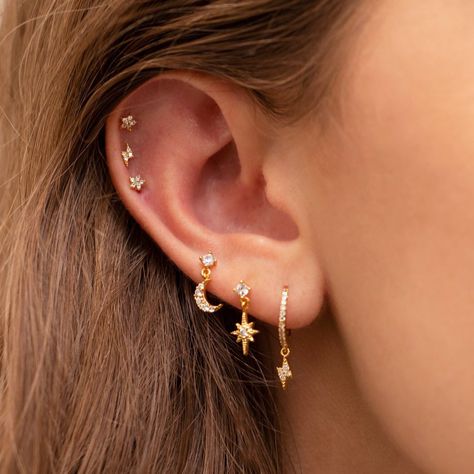 Minimalist Ear Piercings, 2022 Jewelry, Ear Peircings, Jennifer Miller, Cool Ear Piercings, Pretty Ear Piercings, Cute Ear Piercings, Star Moon, Cartilage Earrings