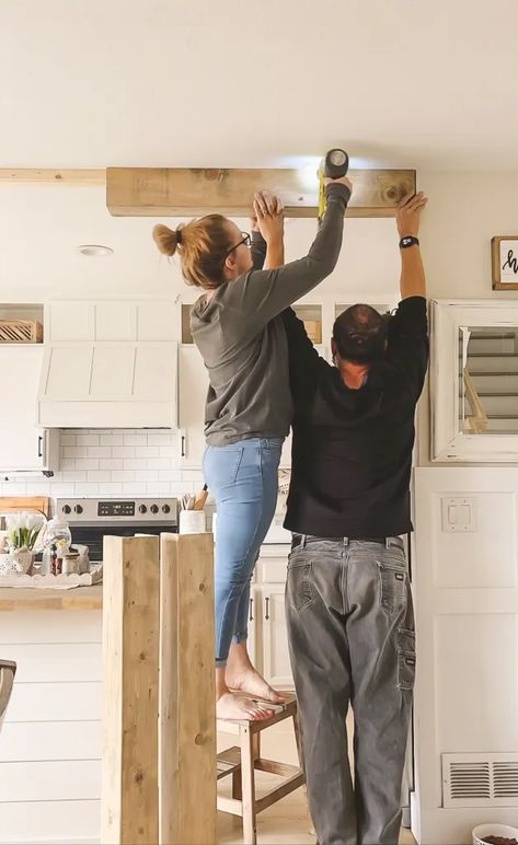 DIY Wood Ceiling Beam with Mitered Edges | Simply Beautiful By Angela Installing Wood Beams On Ceiling, White Painted Beams Ceiling, Diy Wood Ceiling, Stained Beam, Painted Beams, Weathered Oak Stain, Door Header, Trim Carpentry, Diy Staining