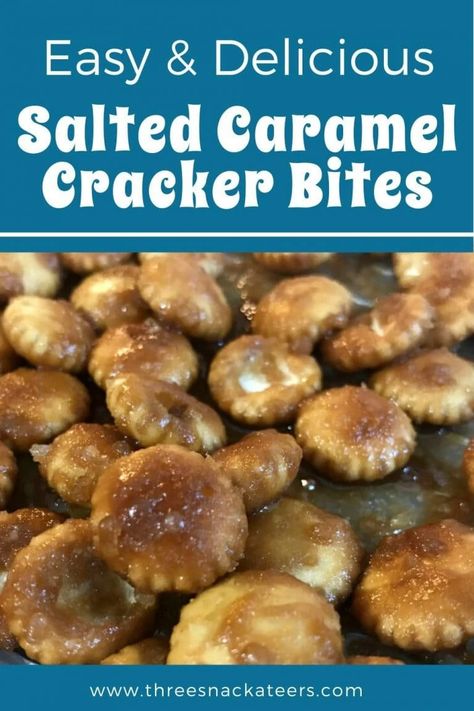 Salted Caramel Cracker Bites! This recipe is made with butter, brown sugar, vanilla, salt and oyster crackers (you could also try saltine crackers). You make a simple caramel sauce, cover the crackers, then bake until a toffee coating forms.Buttery, but also crunchy. Salty, but also sweet. And perfectly poppable. A great last minute snack idea for parties and holidays like Christmas. Caramel Crackers Saltine Toffee, Salted Caramel Cracker Bites, Cracker Bites, Oyster Crackers Recipe, Vanilla Salt, Caramel Bites, Crackers Recipe, Oyster Crackers, Homemade Crackers