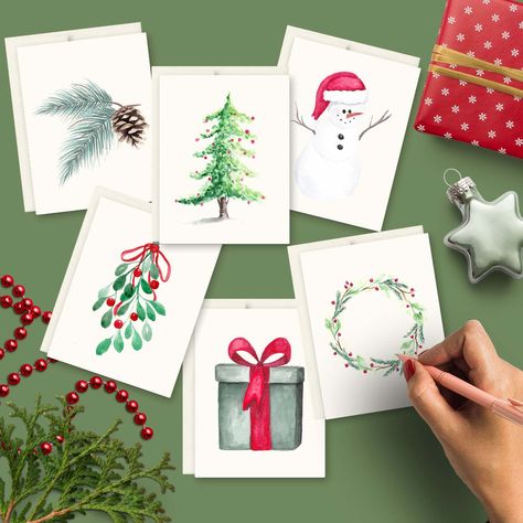 Christmas Classics Collection - Watercolor Notecard Set of 6 – Megan Soncksen Collective Mini Watercolor Paintings, Watercolor Notecards, Watercolor Christmas Cards Diy, Painted Christmas Cards, Mini Watercolor, Christmas Classics, Christmas Note Cards, Christmas Tattoo, Christmas Bookmarks