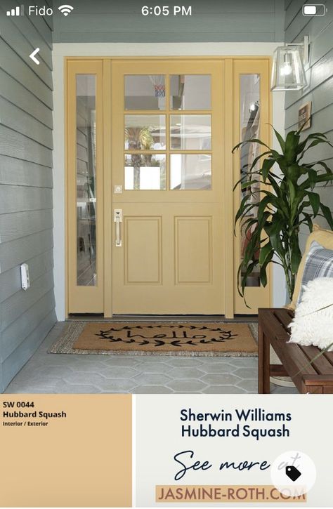 Yellow Front Door Interior, Yellow Door Cottage, Tan Door Exterior, Exterior House Colors With Yellow Door, Green House Yellow Front Door, Yellow Door Paint Color, Houses With Yellow Front Doors, Green House Front Door Color, Pale Yellow Door