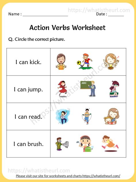 Action Verbs Worksheet For 1st Grade - Your Home Teacher Verbs Worksheet For Kindergarten, Action Verbs Worksheet, Verbs For Kids, 7th Grade Math Worksheets, Free English Worksheets, Verbs Worksheet, Verbs Activities, Verb Words, English Worksheets For Kindergarten