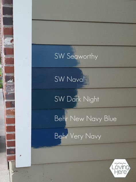 The BEST navy color to paint your house! Navy Blue Trim House Exterior, Navy House Paint Exterior, White House Navy Trim Exterior Colors, Navy Blue Shed White Trim, Naval Blue House Exterior, Navy Blue House Landscaping, Blue Outside House Paint Colors, Green House Navy Door, Rustic Blue House Exterior