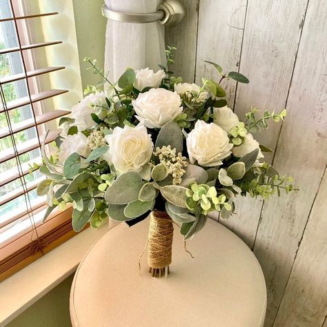 White Rose Wedding Bouquet Boho Style Premium Realistic White | Etsy Wedding Bouquets Hand Tied, Artificial Flower Bouquets Wedding, 15 Bouquet, Greenery Bridal Bouquet, White Rose Wedding, Bridesmaids Flowers, Sage Eucalyptus, Silk Flower Wedding Bouquet, White Rose Wedding Bouquet