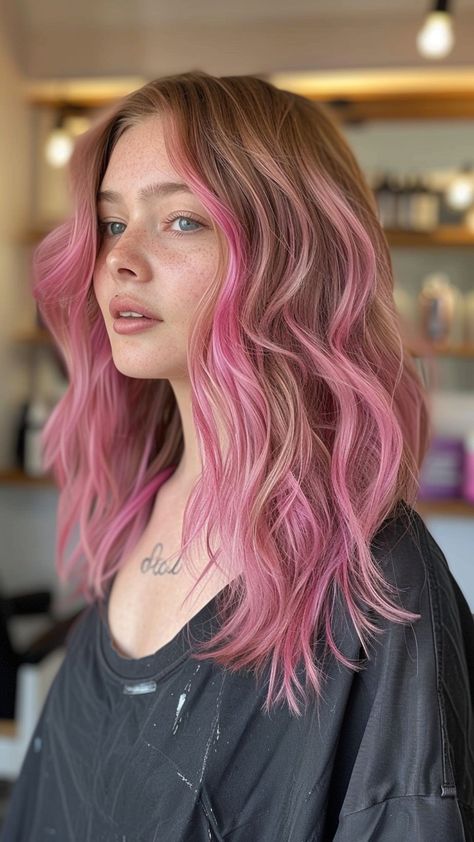 Ultimate Guide to Pink Hair: 25 Styles to Try Right Now Cool Pink Hair Dye Ideas, Pink Temporary Hair Color, Pink Hair Bottom Half, Bronde Balayage With Pink, Lived In Pink Hair, Partial Pink Hair, Color Block Hair Pink, Dirty Blonde And Pink Hair, Pink On Blonde Hair