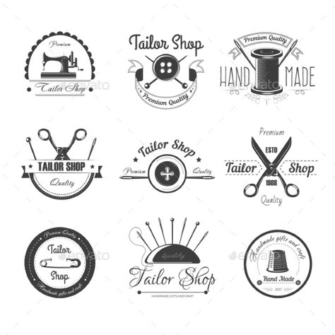 Tailor Shop Salon Vector Icons Button Sewing Vector, Logo Tailor, Dress Tailoring, Retro Icons, Sewing Logo Design, Tailor Logo, Clever Logo Design, Wood Branding Iron, Button Sewing