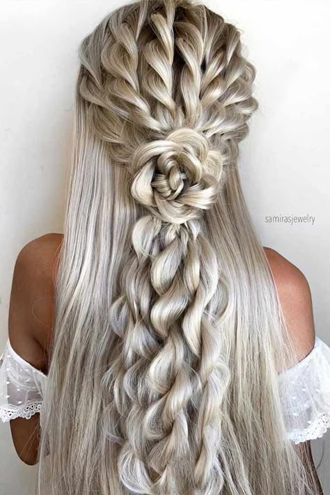 How To Cute Hairstyles, Unique Updos For Long Hair, Long Hairstyles With Braids, Flower Hairstyles, Down Wedding Hairstyles, Half Up Half Down Wedding, Hair Flowers, Wedding Hair Down, Left Out