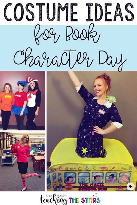 If you are a teacher looking for recommendations for book character day, don't miss this post! Check out these costume ideas for teachers to wear on book character day that are fun and easy! They are even good Halloween costume ideas for teachers! Dress Like A Book Character For Teachers, Book Characters Dress Up For Teachers, Storybook Character Costumes For Teacher, Easy Character Day Outfits, Bookweek Costumes For Teachers, Teacher Book Character Costumes, Costume Ideas For Teachers, Easy Book Character Costumes, Childrens Book Character Costumes