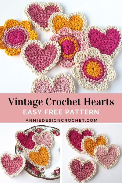 Make some sweet Vintage Crochet Hearts to give to someone special! Make a crochet heart garland to hang on your mantle. They would also be perfect to embellish a baby blanket, or crochet some hearts in Rainbow shades, to make a garland for a new baby. The patterns includes a helpful photo tutorial. Easy Crochet Applique, Appliques Au Crochet, Interesting Crochet, Crochet Valentine Patterns, Vintage Hearts, Crochet Applique Patterns Free, Crochet Hearts, Crochet Garland, Crochet Flowers Easy