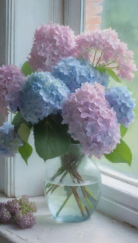 Vase Of Hydrangeas, Lavender In Vase, Pastel Color Painting, Hydrangea Still Life Photography, Hydrangea Photo, Hydrangea Blue Aesthetic, Hydrangea Digital Art, Purple Hydrangea Aesthetic, Hydrangeas Art