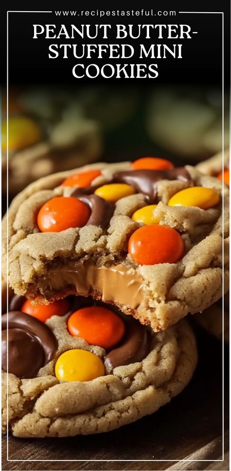 These Peanut Butter-Stuffed Mini Cookies with Reese’s Pieces are a delightful treat that combines the best of peanut butter and chocolate. Each soft, chewy cookie is stuffed with creamy peanut butter and loaded with mini Reese’s Pieces candies, making them irresistible for peanut butter lovers and chocolate enthusiasts alike. Perfect for snack time, parties, or as a special treat, these cookies are sure to satisfy any sweet tooth! Reese's Pieces Cookies, Reeses Cookies, Soft Peanut Butter Cookies, Peanut Butter And Chocolate, Peanut Butter Cookie Recipe, Peanut Butter Lovers, Reeses Peanut Butter, Mini Cookies, Peanut Butter Recipes