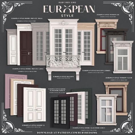 The Sims 4 European Style Windows and Doors | The Sims 4 - European style windows and doors set [Ruby Red Sims] Sims 4 Banquet Table, Sims4 Build Cc, Sims 4 Coquette Cc, Sims Furniture, Furniture Cc, Die Sims 4, Play Sims 4, Sims Packs, The Sims 4 Pc