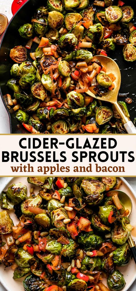 Indulge in the perfect blend of sweet and savory with these Cider-Glazed Brussels Sprouts, featuring apples, shallots, and bacon. This standout side dish is perfect for both elegant dinner parties and simple weeknight meals. With a delightful crispiness and rich, caramelized flavors reminiscent of a top-notch steakhouse, even the most hesitant veggie eaters will be won over. Thanksgiving Brussel Sprouts, Meal Sides, Friendsgiving Ideas, Roasted Sprouts, Thanksgiving 2023, Bacon Brussel Sprouts, Sprouts With Bacon, Sprout Recipes, Brussels Sprouts Recipe