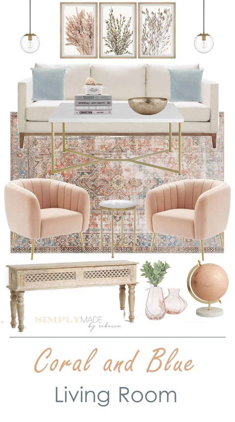 Coral and Blue Living Room. Shop this look at www.simplymadebyrebecca.com. Pink And Blue Living Room Ideas, Blue Boho Living Room, Boho Glam Living Room, Pink Rug Living Room, Peach Living Rooms, Blue And Pink Living Room, Coral Living Rooms, Blush Living Room, Home Decorations Ideas