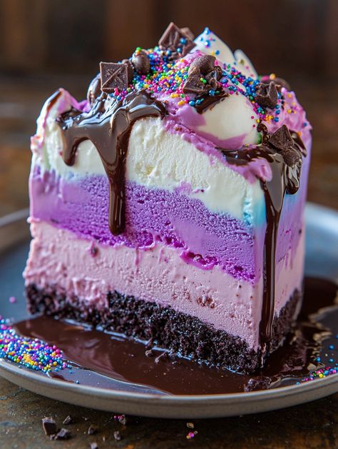 Ultimate Galaxy Ice Cream Cake 🍨  🍨 𝗜𝗻𝗴𝗿𝗲𝗱𝗶𝗲𝗻𝘁𝘀 🍨  1.5 qt vanilla ice cream, softened 1.5 qt chocolate ice cream, softened 1 cup blue raspberry sherbet, softened 1 cup grape sherbet, softened 1 cup crushed chocolate cookies ½ cup hot fudge sauce ½ cup caramel sauce 1 cup whipped cream ¼ cup edible glitter ¼ cup star-shaped sprinkles Galaxy Fudge, Grape Sherbet, Space Ice Cream, Galaxy Ice Cream, Raspberry Sherbet, Hot Fudge Sauce, Colorful Desserts, Food Crush, Fudge Sauce