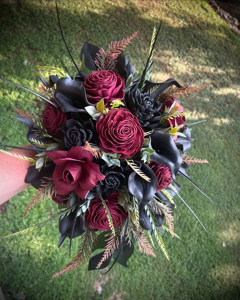 Wood Flower Gothic Bouquet and Boutonniere shipping off to GRETNA, LA #foreverflowersbygigi #bouquet #boutonniere #gothstyle #gothbride #gothwedding #weddingflowers https://foreverflowersbygigi.etsy.com/listing/861658582 Black Quince Bouquet, Dark Colored Bouquet, Dark Romantic Bouquet, Black Dahlia Wedding Bouquet, Dark Christmas Wedding, Goth Wedding Bouquet, Gothic Wedding Bouquet, Dark Bouquet, Gothic Bouquet