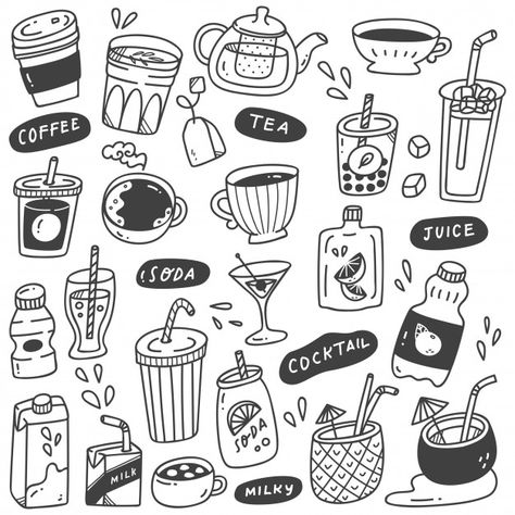 Beverage Drawing, Drinks Doodle, Water Doodle, Menu Coffee, Drink Doodles, Coffee Doodle, Food Doodles, Doodle Frames, Bubble Milk Tea