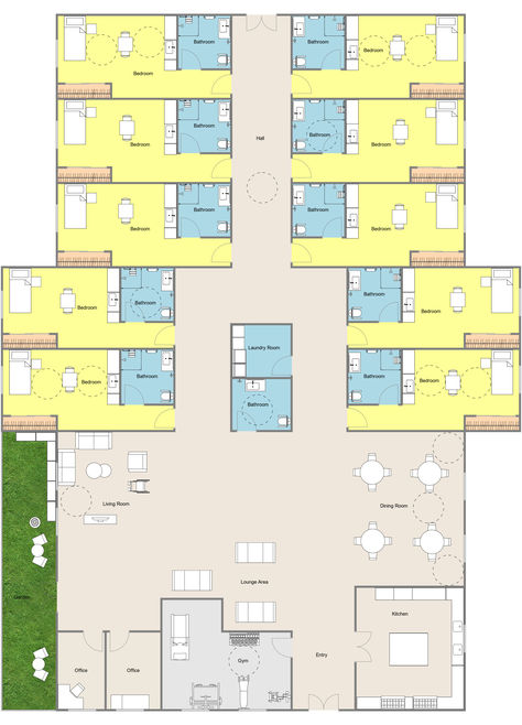 A yellow and blue 2D assisted living floor plan with 10 bedrooms, 10 bathrooms, a gym, an office, and a large common area. Nursing Home Floor Plan Layout, Assisted Living Floor Plans Layout, Senior Living Floor Plans, Assisted Living Facility Floor Plans, Nursing Home Design, Assisted Living Homes, Senior Assisted Living, Residential Care Home, Spacious Bathroom