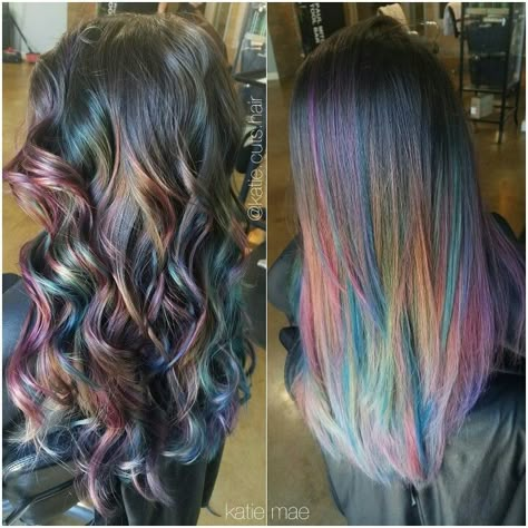 Oil Slick Hair Color, Oil Slick Hair, Slick Hair, Holographic Hair, Creative Hair Color, Rainbow Hair Color, Hair Balayage, Oil Slick, Hair Color And Cut