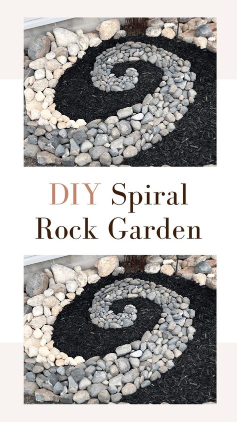 Create an easy Zen DIY spiral rock garden. It's great for small space gardens, easy to maintain, and adds curb appeal to the home. Learn how I planned the rock garden spiral, chose the contrasting colors, prepared the space, sorted the stones into different sizes, laid out a template, and placed the rocks for the final spiral Zen rock garden design. #landscape #spiral #chakras #rockgarden #gardendesign #outdoorzen Using River Rock In Landscaping, Large Garden Stones, Diy Rock Garden, Diy River Rock, Rock Flower Beds, Spiral Garden, Front Flower Beds, Rocks Landscaping, Zen Rock Garden