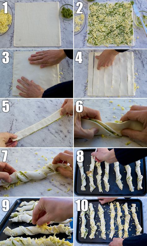 Next time you smell freshly baked (warm!) pesto and cheese twists in the supermarket, skip them and make your own. All you need is 4 simple ingredients! #cheesetwists #cheese #cheesestraws #appetizers #partyfood #scrummylane #pesto Bread Twists, Cheese Twists, Pesto Cheese, Cheese Puff Pastry, Cheese Pastry, Easy Puff Pastry, Cheese Straws, How To Make Pesto, Twist Bun