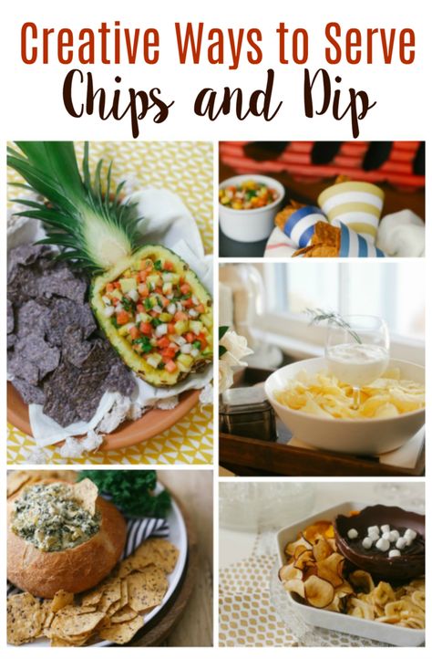 Creative ways to serve chips and dip at your next gathering! Pineapple salsa, dried fruit with chocolate dip and more! Dip And Chips Display, Serving Ideas Creative, Chips And Dip Ideas, Chips And Dip Party Display, Fruit With Chocolate, Tostitos Dip, Hot Artichoke Dip, Dip Ideas, Chocolate Dip