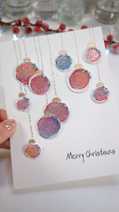 Scared to ruin your painting ? Try this EASY IDEA !!! How to Paint a Christmas Greeting Card with 3D Baubles ⭐✨🪩❤️🩵💚💛🩷🧡💜 🎄 Learn how to… | Instagram Diy Holiday Cards Handmade, Bauble Christmas Cards, Bulb Craft Ideas, Baubles Diy Christmas, Watercolour Cards Ideas, Christmas Cards Handmade Easy, Diy Christmas Bulbs, Painting Idea For Beginners, Diy Christmas Baubles