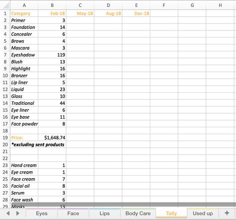 How To: Makeup Inventory Step 10 Inventory, Lash Inventory Sheet, Makeup Inventory, Home Inventory Spreadsheet, Excel Inventory Spreadsheet, Product Inventory Spreadsheet, How To Makeup, Inventory Organization, Inventory List