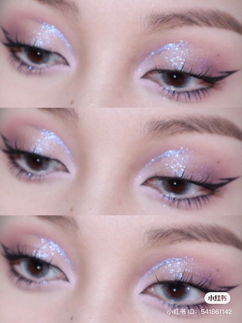 Silver And Lavender Makeup, Lavender Glitter Makeup, Twice Inspired Makeup, Light Purple Glitter Makeup, Lavender Makeup Looks Wedding, Iredesant Makeup Look, Twice Concert Makeup, Lavender Douyin Makeup, Purple Sparkle Makeup