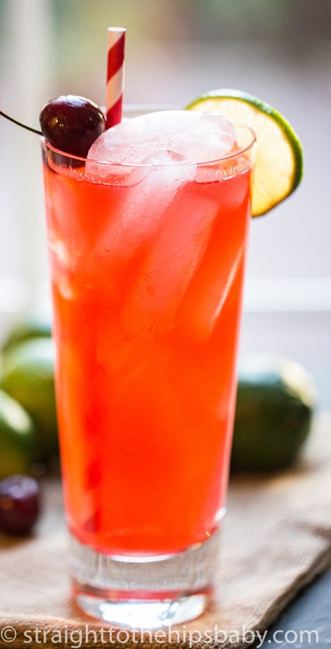 Cherry-Lime Rickey - Straight to the Hips, Baby Lime Rickey Recipe, Alcohol Free Drink Recipes, Lime Rickey, Lime Drinks, Cherry Syrup, Alcohol Free Drinks, Frozen Cherries, How To Make Drinks, Fresh Cherries