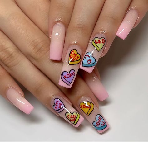 Nail Art Designs Spring, Candy Heart Valentines, Gucci Nails, Vday Nails, Heart Nail Designs, Acrylic Toe Nails, Tie Dye Nails, Nail Trend, Simple Acrylic Nails