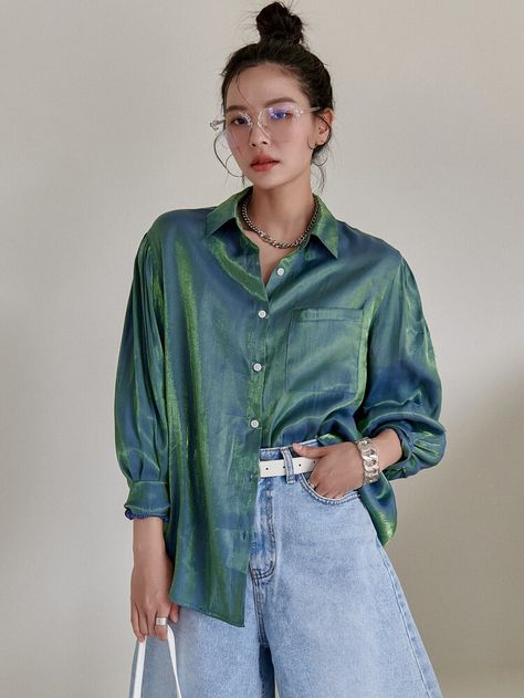 Bishop Sleeve Holographic Blouse | SHEIN USA Holographic Shirt, Bishop Sleeve, Women Blouses, Shein Style, Casual Blouse, First Order, White Tops, Denim Button Up, Fashion News