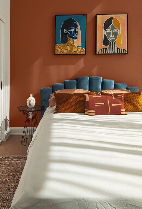 Terra Cotta Paint Color, Hallway Paint Colors, Orange Paint Colors, Terracotta Paint, Blue Linen Bedding, Paint Themes, Bedroom Orange, House Color Schemes, Color Palette Bright