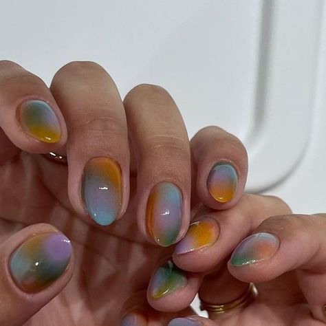 Julianna on Instagram: "So artsy 🧑‍🎨 🎨 • • • #gelart #nailart #gel #nails #nailsoftheday #naildesignsideas #nailinspo #bestnails #nailaddict #nailsmagazine #trendynails #nailpro #nailitdaily #nailart #summernails" Easy Beginner Gel Nail Designs, Stamping Nails Design, Cool Nails Short, Oil Spill Nails, Nature Nails Designs, Mountain Nails, Striped Nail Art, Watercolor Nails, Artsy Nails