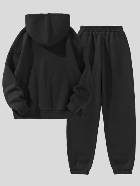 Pantalon de survêtement & sweat-shirt à capuche à lettres à doublure thermique à cordon | Mode en ligne | SHEIN FRANCE Stylish Letters, Hoodie And Sweatpants, Black Sweatpants, Sweatpants Set, Tracksuit Set, Black Joggers, Swaggy Outfits, Drawstring Hoodie, Jogger Sweatpants