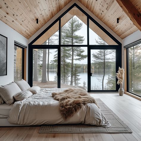 White Lakehouse :: Behance Artic Bedroom Design, Lake House Farmhouse Style, Modern Cabin Bedroom, Chalet Style Homes, Cabin Tiny House, Front Elevation Designs, Photography Interior, Modern Barn House, Scandinavian Bedroom