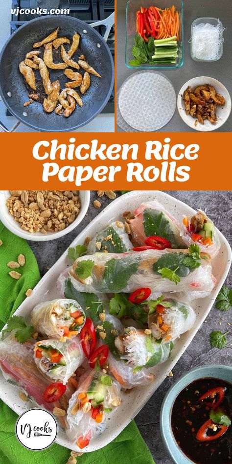 Fresh rice paper rolls filled with marinated chicken pieces, vermicelli noodles, capsicum, carrot, cucumber and fresh mint. Serve your fresh spring rolls with a homemade dipping sauce made from rice wine vinegar, soy sauce, sweet chilli sauce and crushed garlic. #vjcooks #winnerwinnerchickendinner #freshspringrolls Rice Paper Rolls With Chicken, Chicken Rice Rolls, Fresh Rice Paper Rolls, Ground Chicken Spring Rolls, Rice Paper Chicken Rolls, What Can I Make With Rice Paper, Rice Paper Recipes Chicken, Beef Spring Rolls Recipe, Rice Paper Rolls Fillings