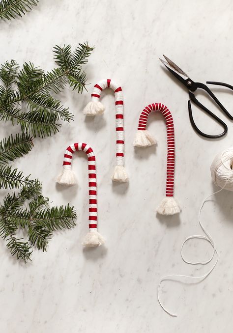 The Merrythought Diy Candy Canes Decorations, Candy Cane Diy Decorations, Diy Candy Cane Decorations, Macrame Candy Cane, Scandinavian Holiday Decor, Candy Cane Decorations, Gingerbread Diy, Christmas Vignettes, Cottage Market